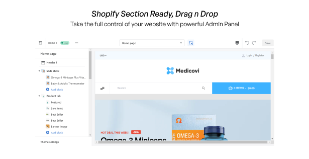 The Shopify section is ready, drag and drop