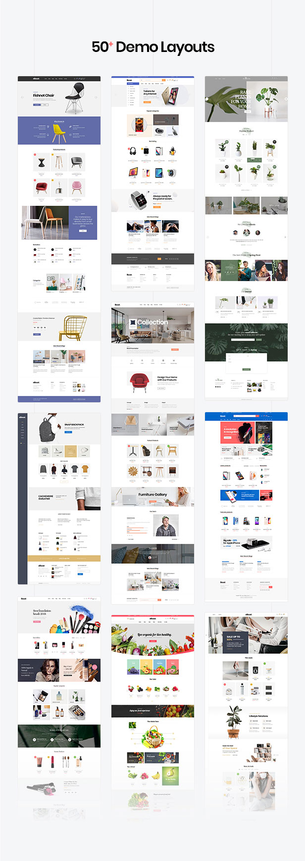 50+ home pages for fashion and shoes, watches, food, plants, toys and children, jewelry and accessories, lawn and garden tools, animals and pets, pharmacy, sports, gym, cosmetics, furniture and decor, health and beauty