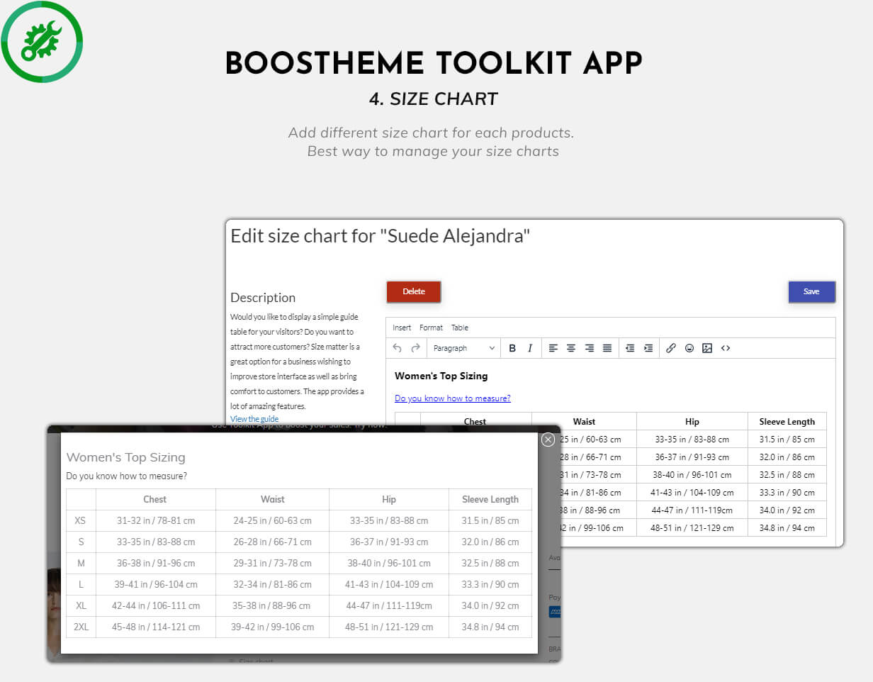 Boostheme Toolkit App - Add a different size chart to each product