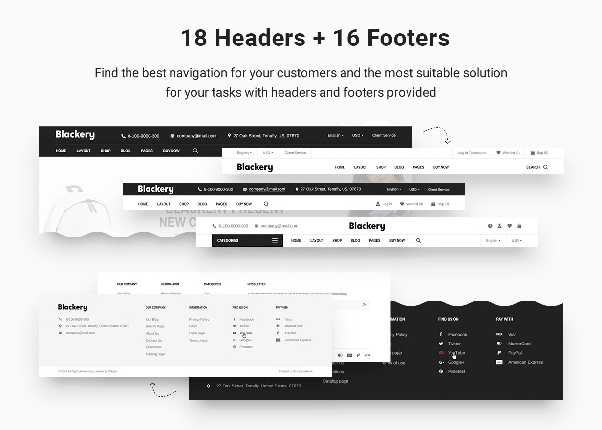 9 headers + 8 footers: Find the best navigation for your customers and the most suitable solution for your tasks with provided headers and footers.
