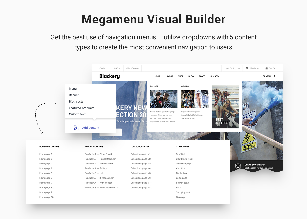 Megamenu visual builder: get the best use of navigation menus - use dropdown menus with 5 content types to create the most convenient navigation for users.