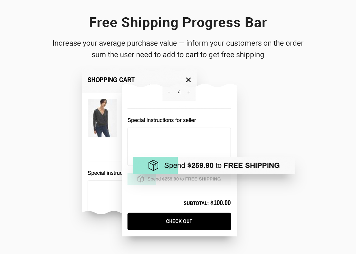 Free Shipping Progress Bar: Increase Your Average Purchase Value - Let your customers know the order amount the user must add to their cart to receive free shipping.