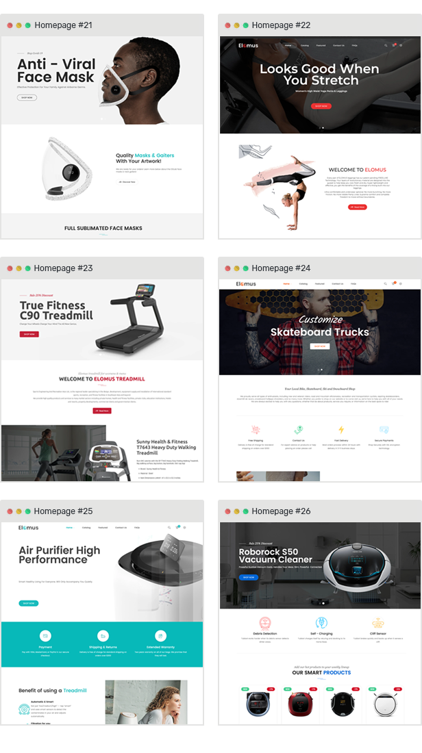 Single product e-commerce face mask, pants, leggings, air freshener, vacuum cleaner, treadmill, skateboard theme