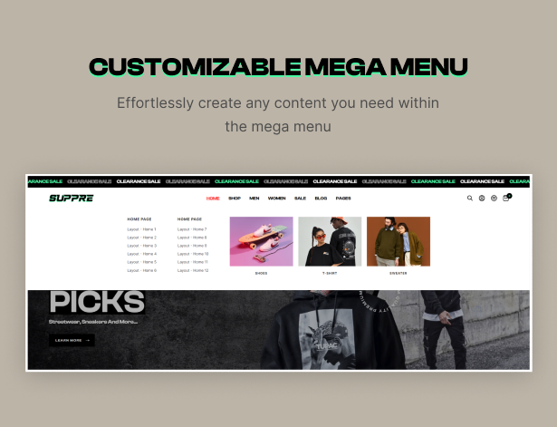 Customizable mega menu