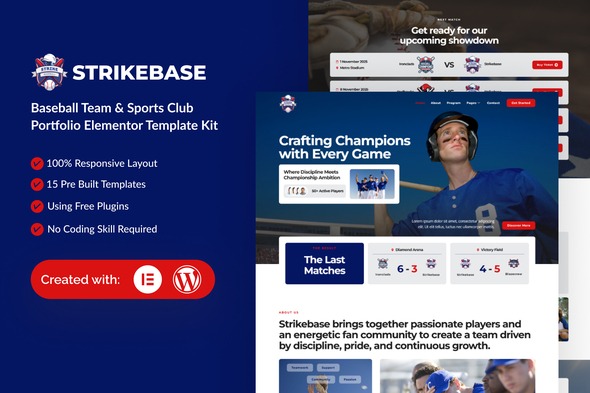 StrikeBase - Baseball Team & Sport Club Elemtor Template Kit